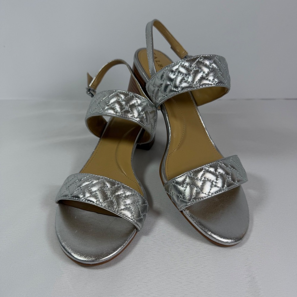 Talbots Silver Metallic Quilted Leather Block Heel Slingback Sandals Size 8M